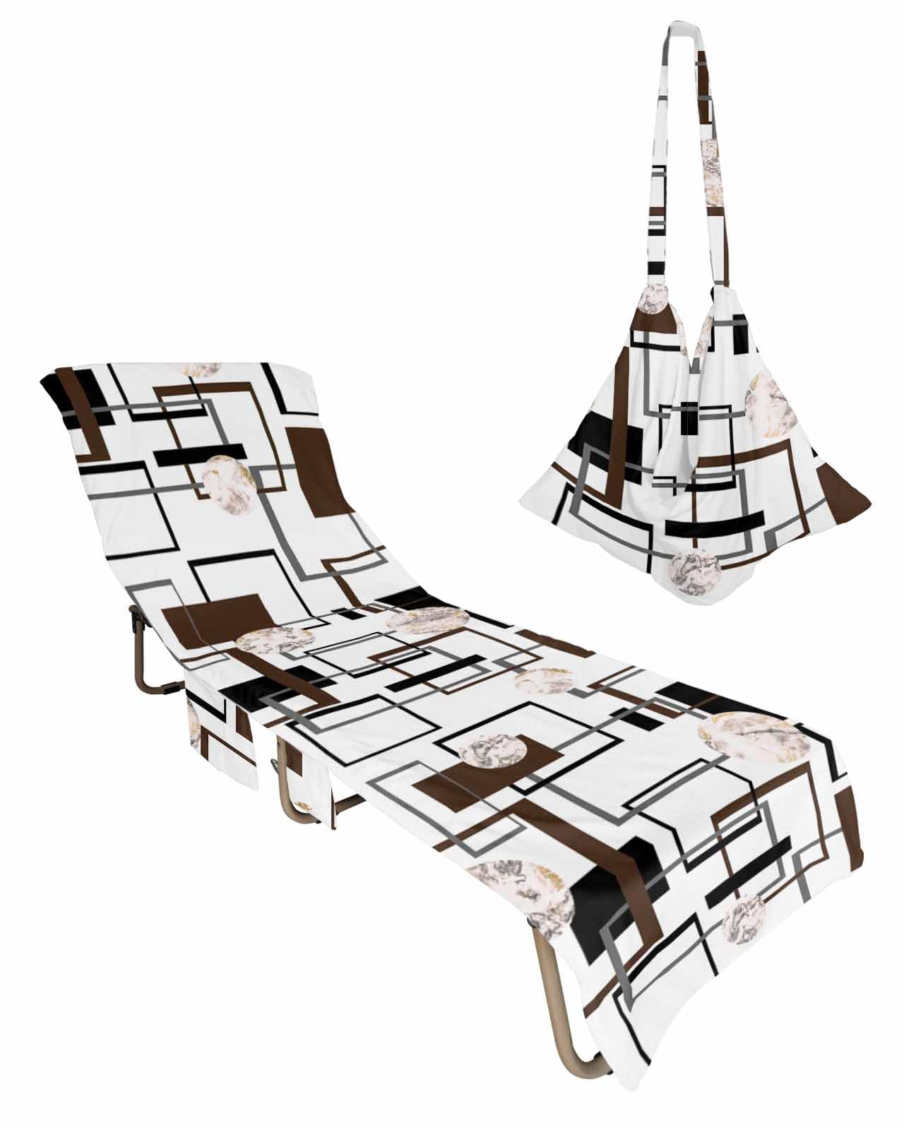Brown Geometric Beach Lounge Chair Towel Cover, Soft Chaise Lounge Towel with Side Pockets Patio Pool Chairs Cover for Beach/Pool Sunbathing 29x85 Black Grey Modern Abstract Art Marble