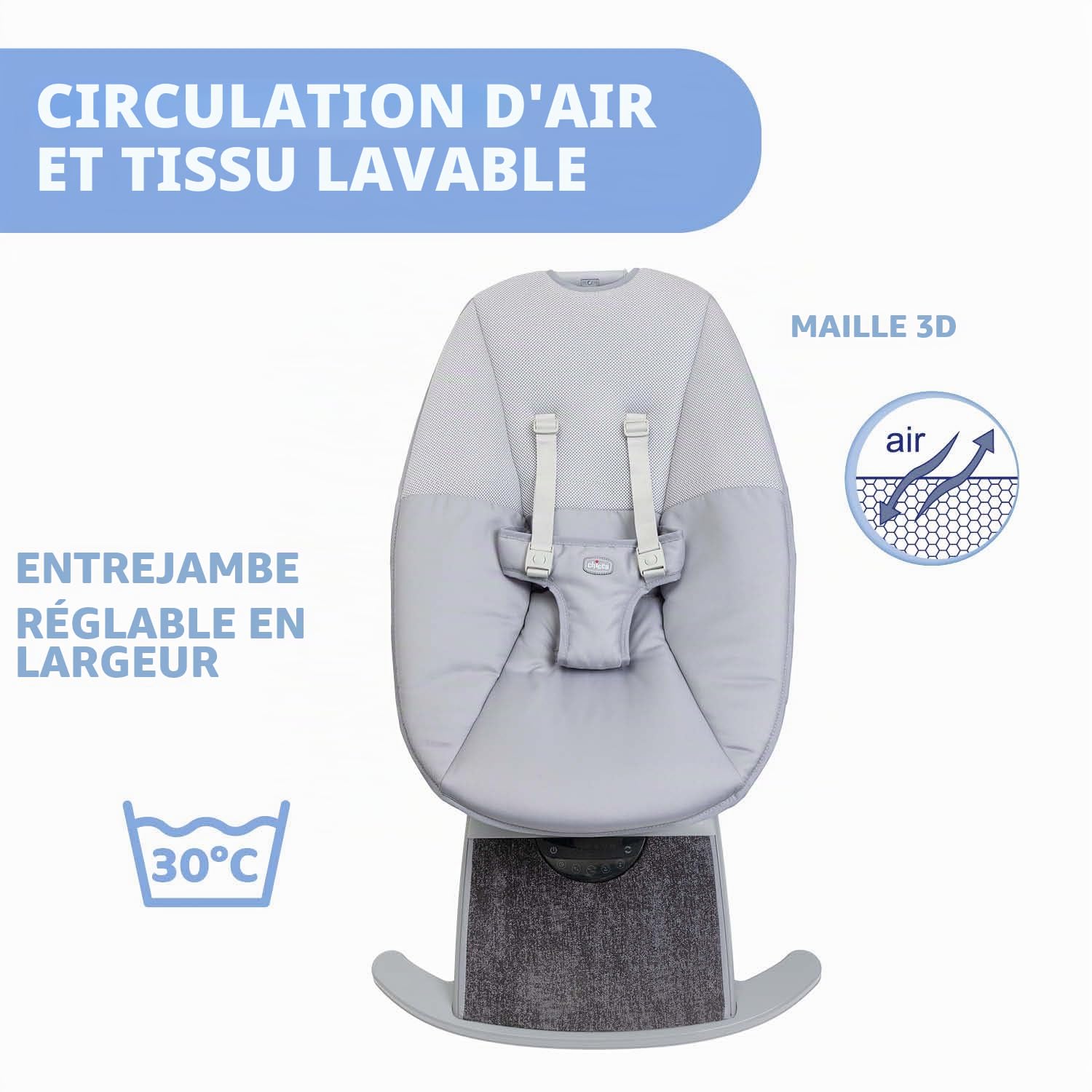 Chicco Comfy Wave, Balancelle Électronique pour Bébé, avec Mouvements et Mélodies, Dossier Inclinable, Tissu Respirant Et Amovible, Barre de Jeu, Balancelle pour Bébé, 0 Mois Plus