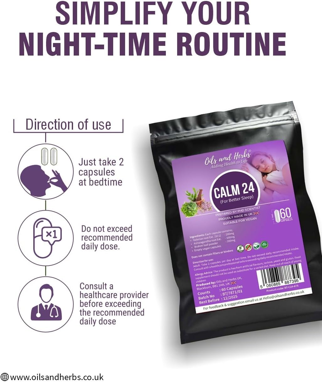 Calm 24 – Pure Valerian, Ashwagandha & Brahmi Blend 6400mg -High Strength- Made in The UK by PhD Scientists for Enhanced Sleep & Mental Clarity-No Fillers or Binders-Vegan and Gluten Free