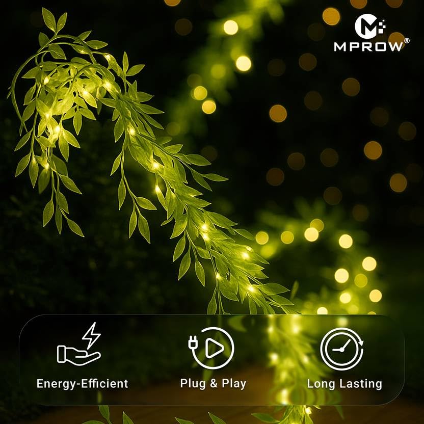 Image of MPROW Artificial Leaf Curtain Lights - 200 LED Warm White Fairy String Lights, 3x1m, Remote Control with 8 Lighting Modes for Home, Wedding, Party, Diwali, Christmas & Festival Decoration