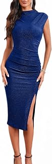 2025 Women's Mock Neck Side Slit Ruched Bodycon Cocktail Party Wedding Guest Midi Dress