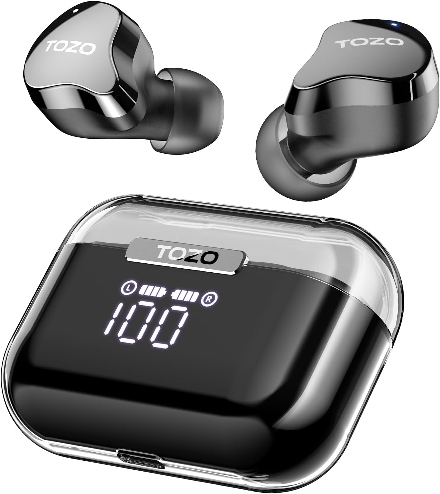 T18 Bluetooth 5.3 True Wireless Stereo Earbuds IPX8 Waterproof in Ear Headset Call Noise Reduction Headphones with Digital Display and Transparent Case Long Standby Earphones Black