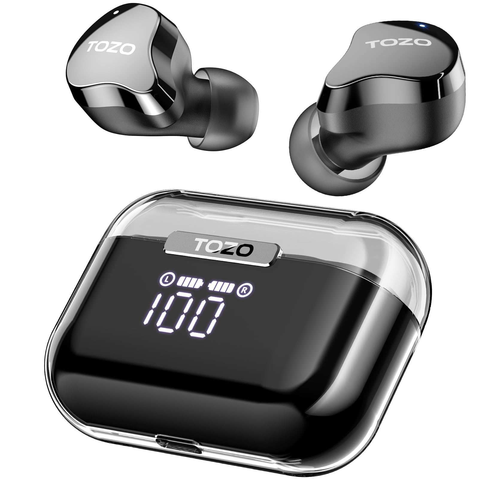 TOZO T18 Bluetooth 5.3 True Wireless Stereo Earbuds IPX8 Waterproof in Ear Headset Call Noise Reduction Headphones with Digital Display and Transparent Case Long Standby Earphones Black