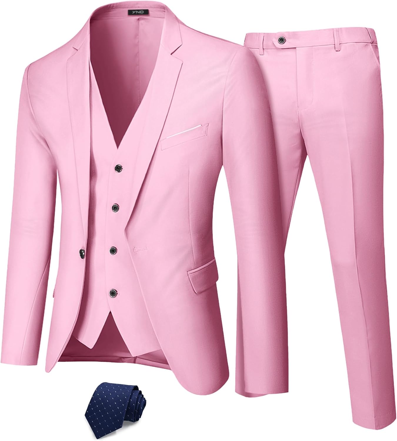 YND Men's Slim Fit 3 Piece Suit Set, One Button Solid Blazer Vest Pants with Tie