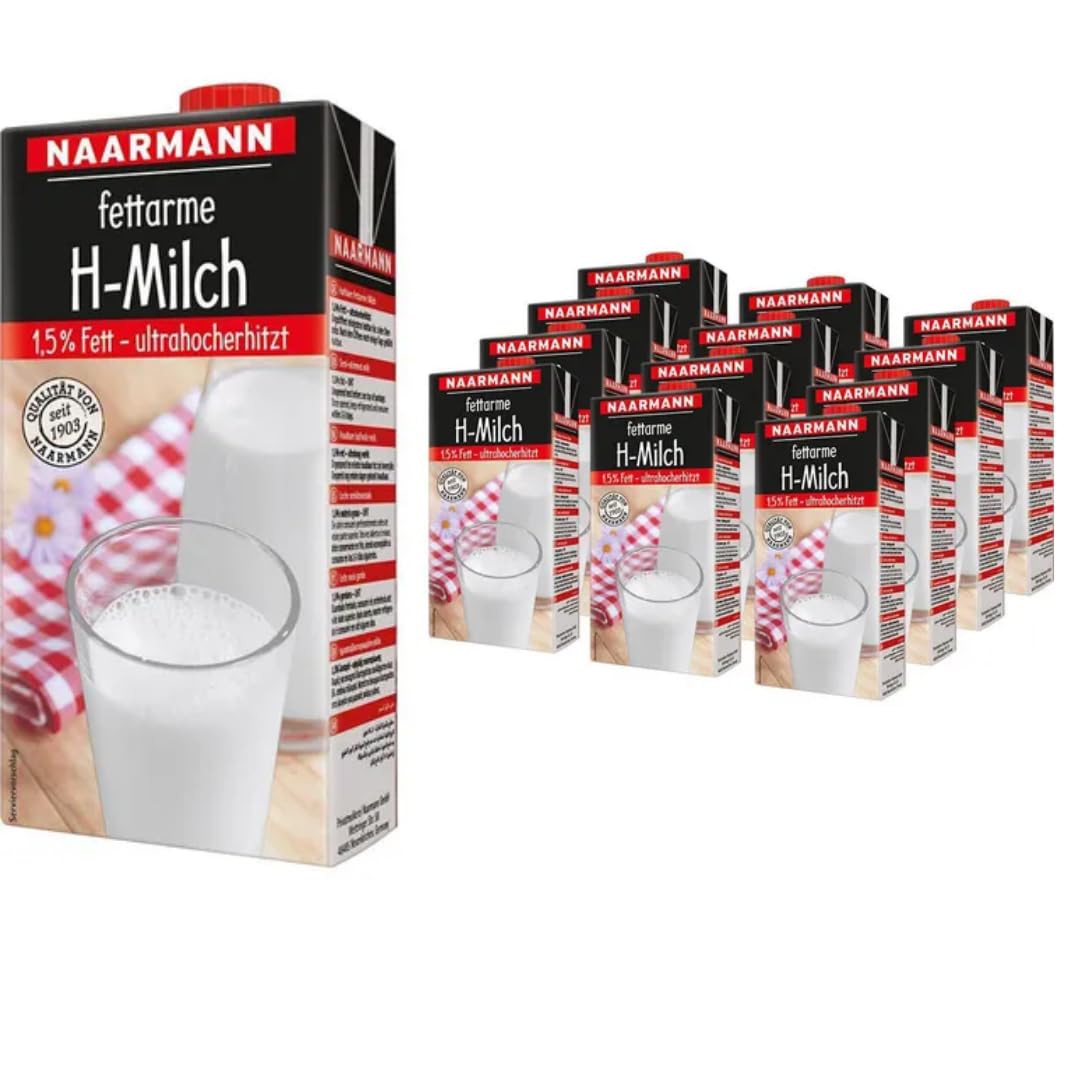 Naarmann Milch fettarme H-Milch 1,5% Fett Haltbare Milch, je 1 Liter, 12 Stück + pufai