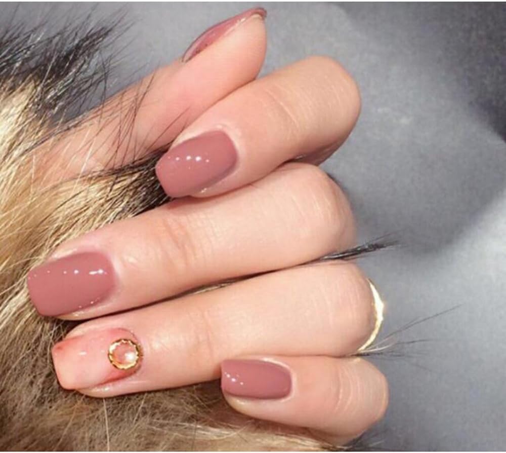 24pcs Nude Pink Texture Glossy False Nails Pear Decor Artificial Full Fake Nails Nail Art Tips Top Short