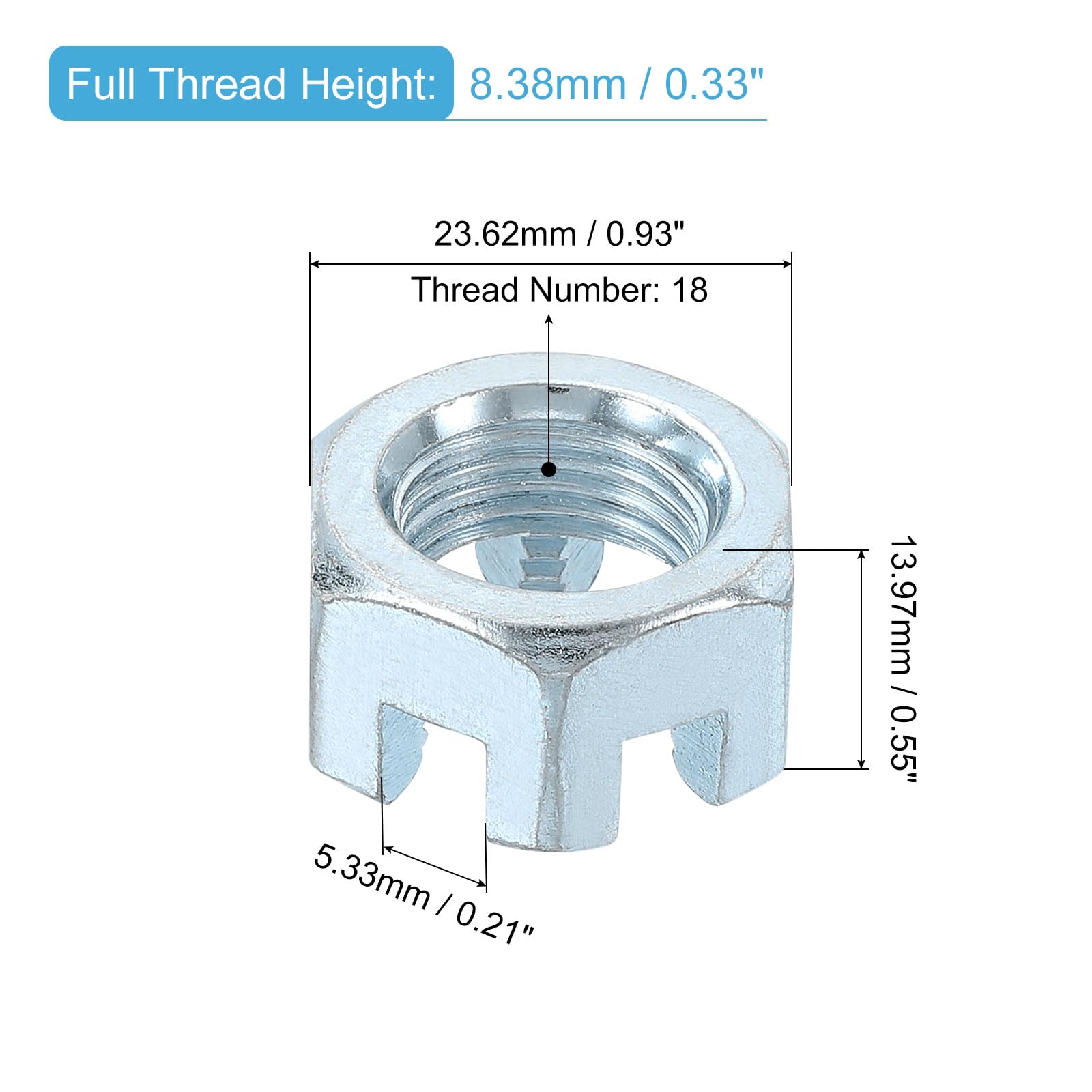 QUARKZMAN 5/8-18 Unf Tuerca Ranurada Hexagonal, Grado 6.8 de Acero al Carbono con Recubrimiento de Zinc, Buenas para Reparación de Maquinaria, Color Plata, 4 Piezas