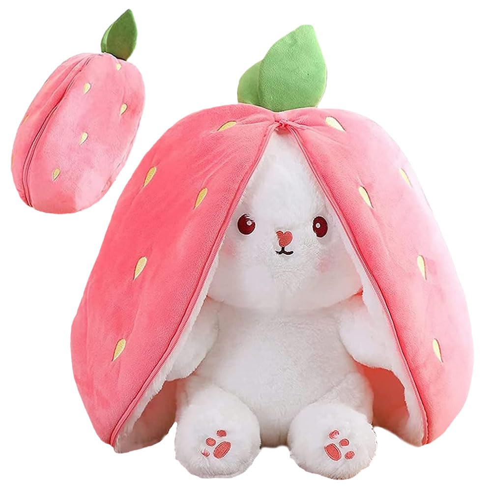 NyaSaa Pink Reversible Strawberry Rabbit Plush Toy,Cute Bunny Stuffed Plush Doll with Zipper,Cute Bunny for Children,Girls,Boys,Holiday Warm (18cm)