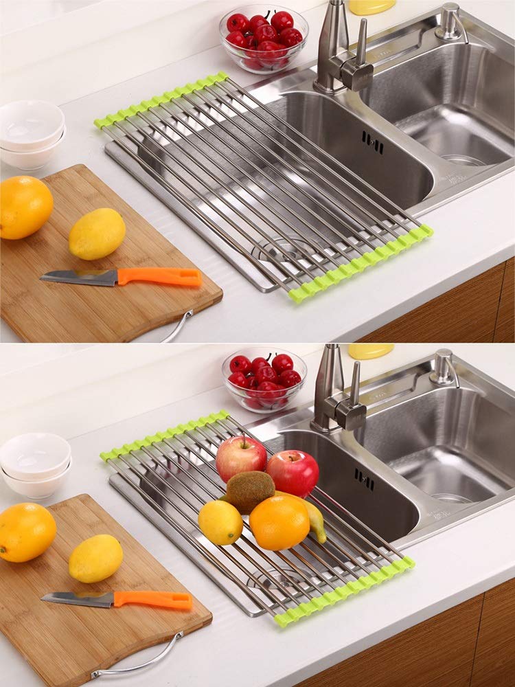 Escurridor de platos, escurridor de cocina enrollable sobre el fregadero, diseño plegable de acero inoxidable para un secado cómodo y ahorro de espacio, 37 x 23 cm para encimera de fregadero