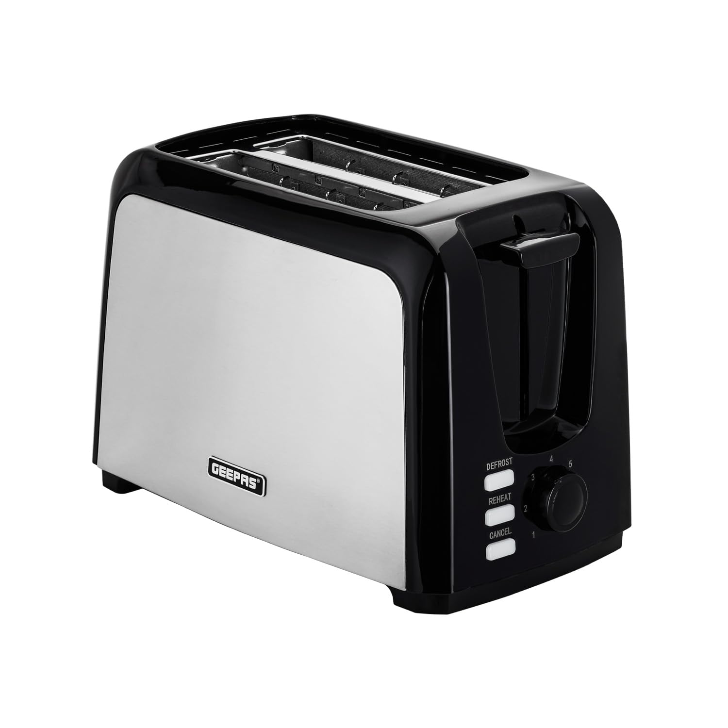 Geepas 2 Slice Bread Toaster with 7 Level Browning Control | Removable Crumb Tray, Defrost, Reheat & Cancel Function, Cord Storage | 750W, Black (Renewed)