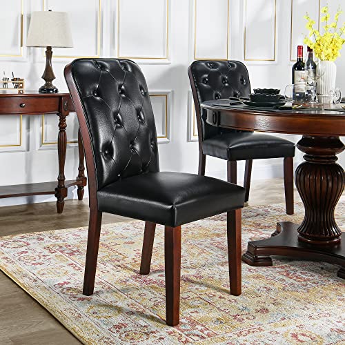 Set Of 4 Parsons Dining Chairs With Button High Backrest, High-End Faux Leather Kitchen Accent Side Chairs With Upholstered Seat, Hold 300 Lbs For Home Office Black Skin & Cherry Red Wood Leg Cy1533Bb #TOP3
