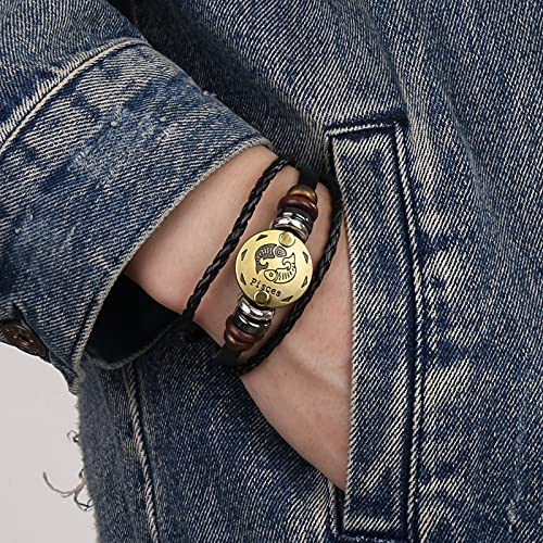 Sosuo 12 Constellation Punk Bracelet, Women's Alloy Leather Bracelet, Retro Braided Rope Leather Zodiac Cuff Bracelet, Handmade Horoscope Bangle For Men, Pisces #TOP4