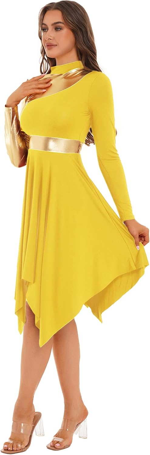 iiniim Women's Color Patchwork Long Sleeve Asymmetric Lyrical Dance Dress Praise Liturgical Dancewear