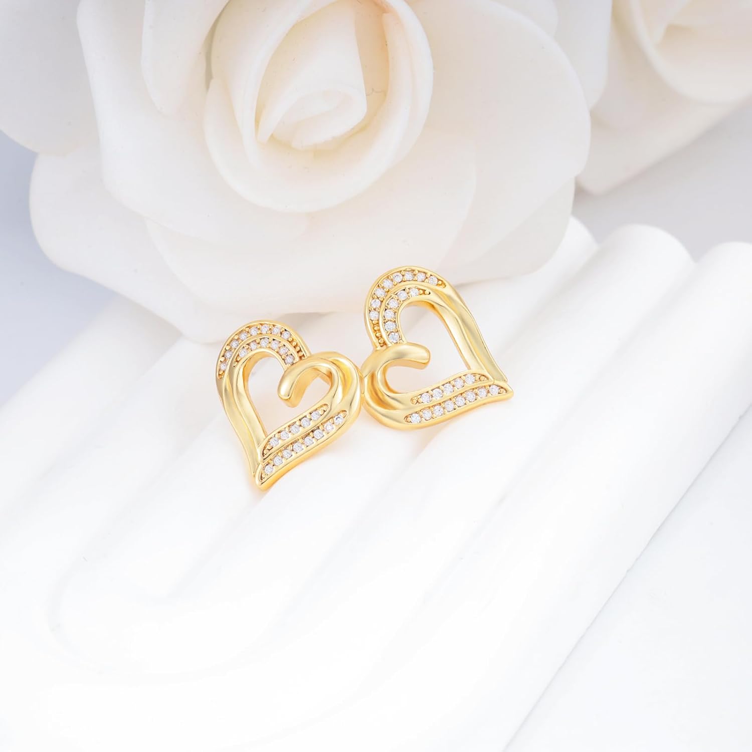 Heart Stud Earrings for Women - Sterling Silver Double Love Heart-Shaped Earrings for Lady Hypoallergenic Silver/Gold Sparkle Cubic Zirconia Post Earring Classic Jewelry Gifts for Her Wife Mother - Image 4