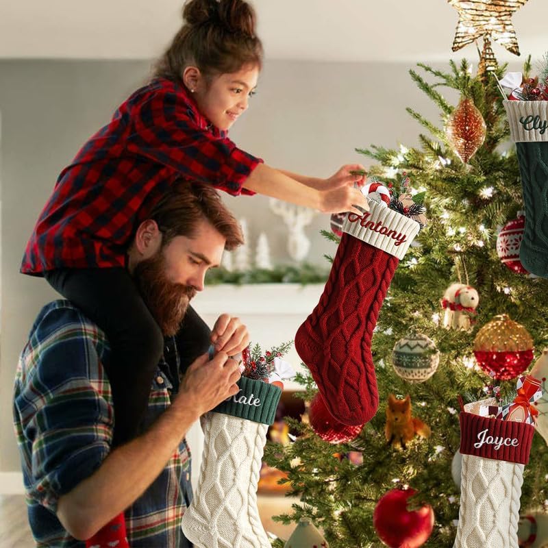 Personalisierte Weihnachtsstrumpf mit Namen 46cm große gestrickte Nikolausstrumpf hängende Familie Weihnachtsstrümpfe für Kinder Weihnachtsdeko Party,Doppelrautenmuster,5 PCS