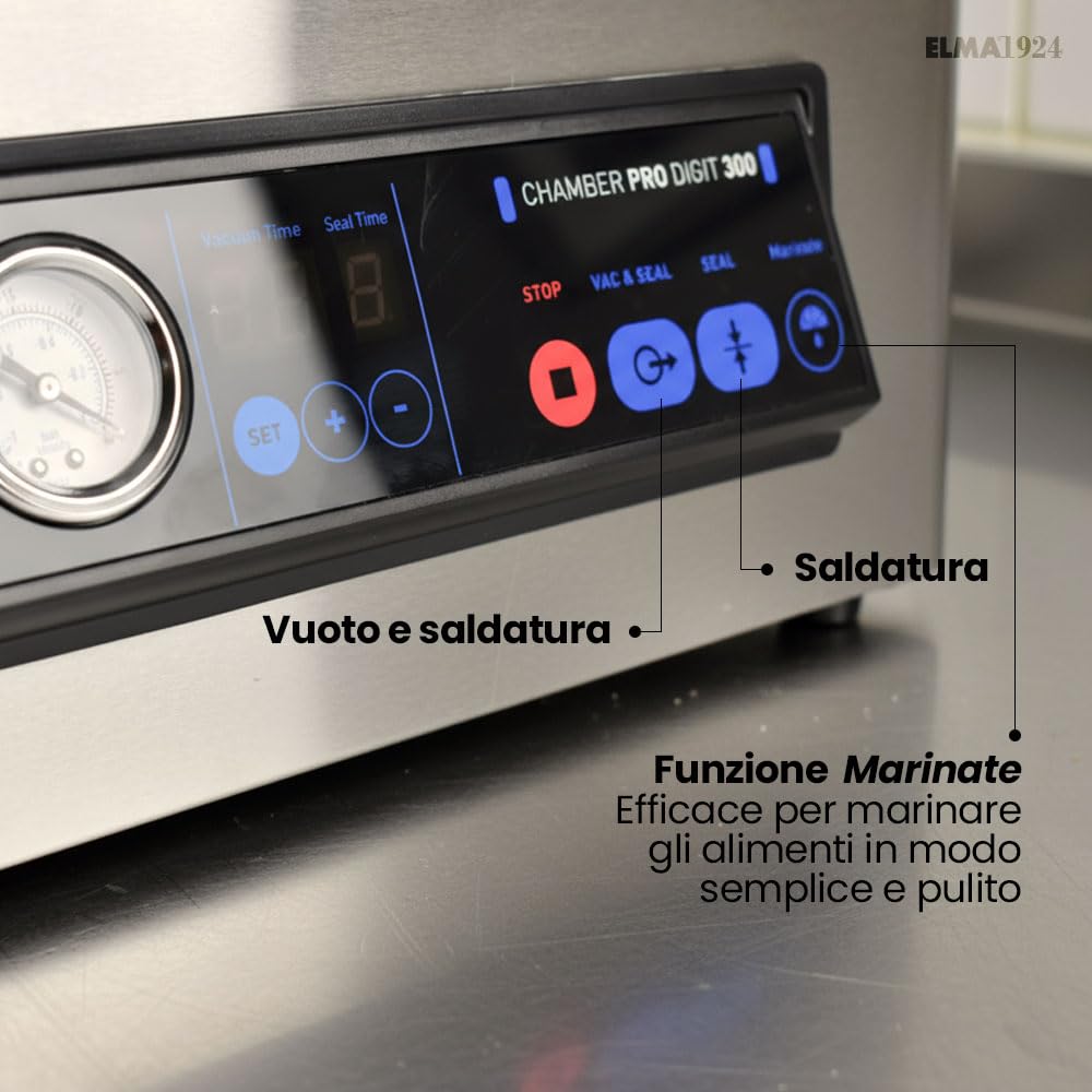 ELMA Confezionatrice Sottovuoto Professionale Chamber Pro Digit 300 | Uso Intensivo, Barra Saldante da 30cm, Consente Confezionamento con Liquidi, 43x36x23,5 cm, 350 W, Sacchetti Sottovuoto Inclusi