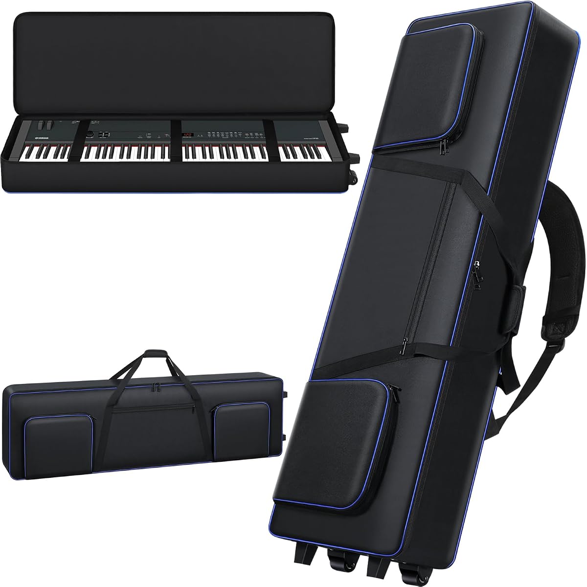88 Key Keyboard Case Soft Padded with Wheels (52.75''x12.2''x7.1'') | 88 Key Piano Rolling Gig Bag with Multiple Accessory Pockets, Comfortable Backpack-Strap & Carrying Handle, Sturdy & Durable