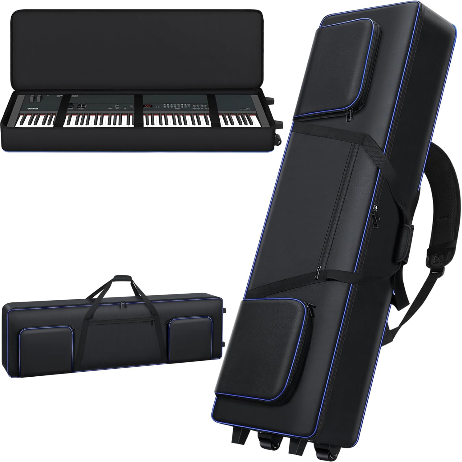 88 Key Keyboard Case Soft with Wheels (52.75''x12.2''x7.1''), Rolling Piano Keyboard Case with Roller/Carrying Handle/Backpack-Strap, Keyboard Gig Bag with 3 Pockets (S)