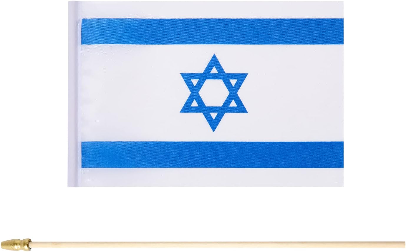 25 Pack Israel Israeli Flag Small Mini Flag Wood Hand Held Stick Flag,Suitable For Various Holiday Parties, World Cup, National Day, And National Flag Day.