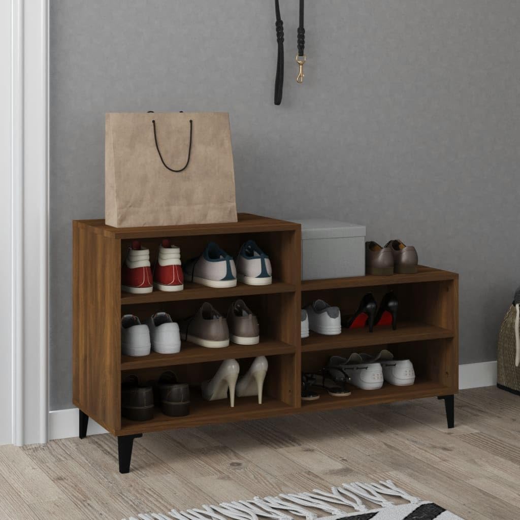 Schuhregal Braun Eichen-Optik aus Holzwerkstoff 102 x 36 x 60 cm mit Metallfüßen, 5 Fächer für Flur Diele Eingang, Schuhaufbewahrung und Ordnung