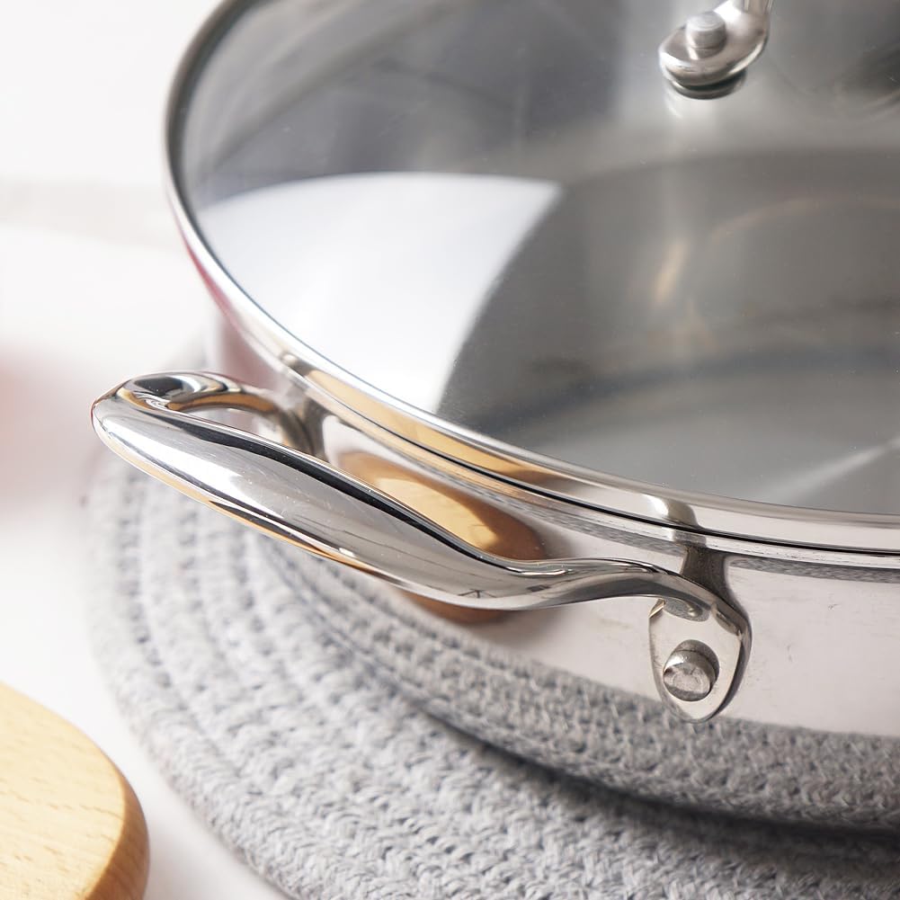 HOMICHEF Mirror Polished NICKELFREE Stainless Steel 3 Quart/ 9.5 Inch Saute Pan with Glass Lid (No Toxic Non Stick Coating, Whole-Clad 3-Ply) - Stainless Steel Saute Pan