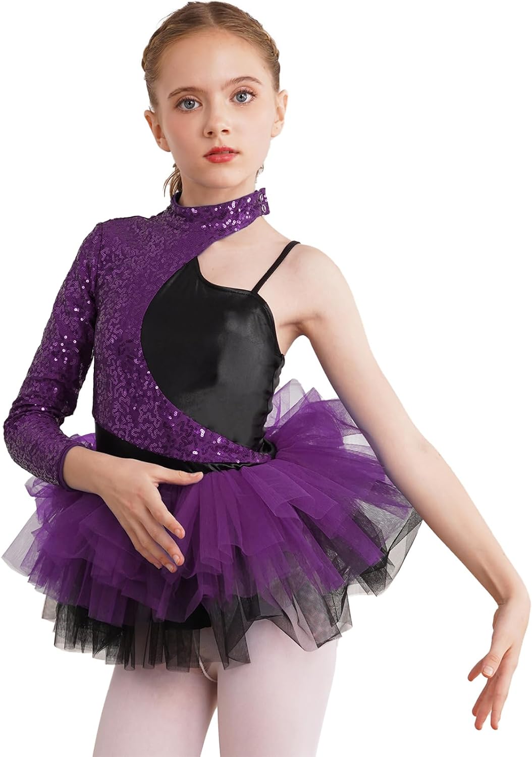 JEYPINMI Big Girls Sequins Jazz Latin Dance Dress Gymnastics Tutu Skirt Leotard Dance Costume for Kids