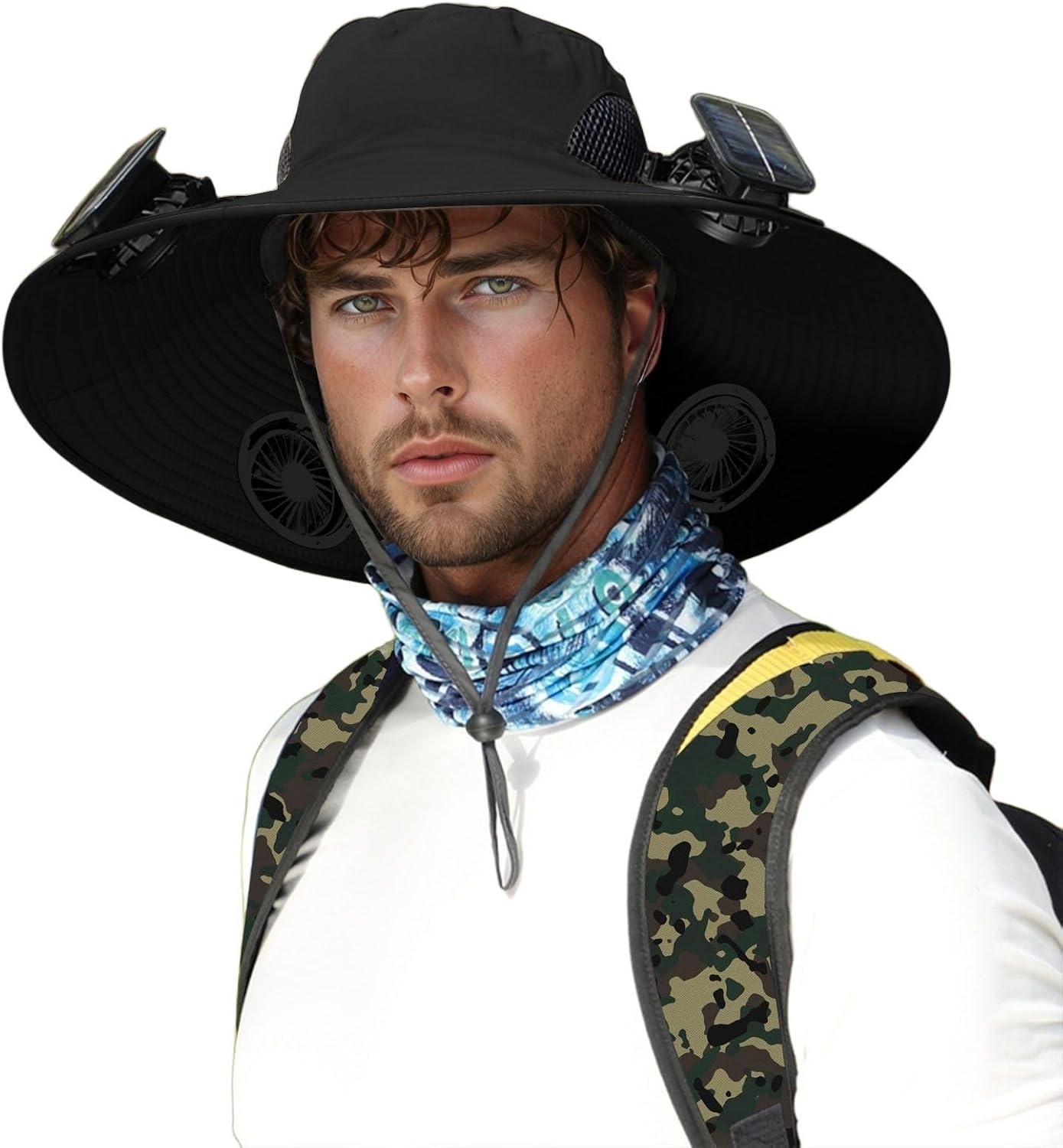 Wide Brim Sun Hat with 4 Solar Fan Sun Bucket Hat for Men Women UPF 50+ Bucket Outdoor Fishing & Beach Hat with Fan Built in
