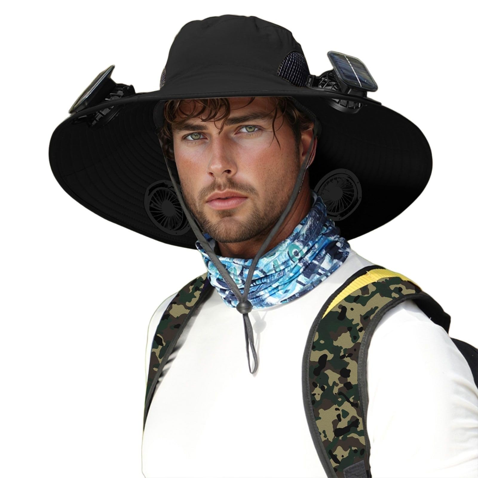 Générique Chapeau De Soleil D'extérieur À Large Bord - avec 4 Ventilateurs Solaires - Homme Femme - Été Chapeau Anti UV Rafraichissant - Rechargeable par USB - Pêche Plage Randonnée Safari