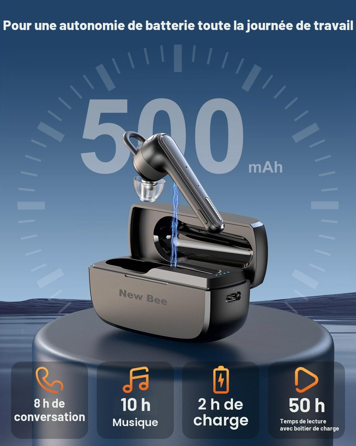 New Bee oreillette Bluetooth sans Fil V5.1 avec 50 Heures d'autonomie, kit Main Libre Ultra-léger avec Annulation du Microphone ENC, Connexion à Deux appareils pour Conduite/Affaires