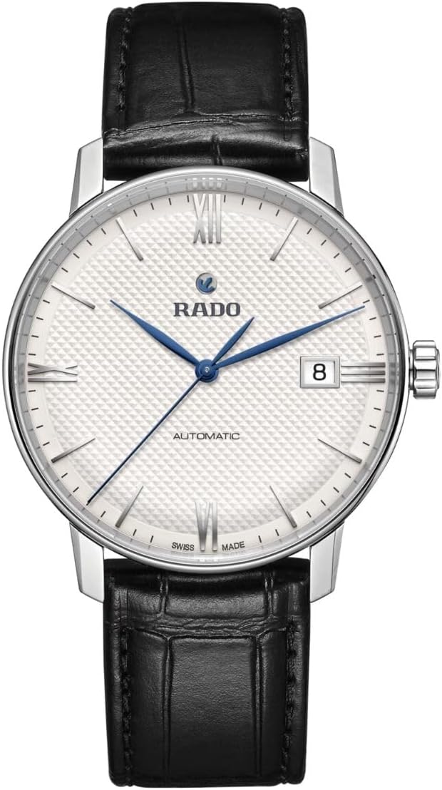 Rado Coupole Automatic Men White Dial, Blue Hands, Date Display at 3 o'clock and Black Leather Strap