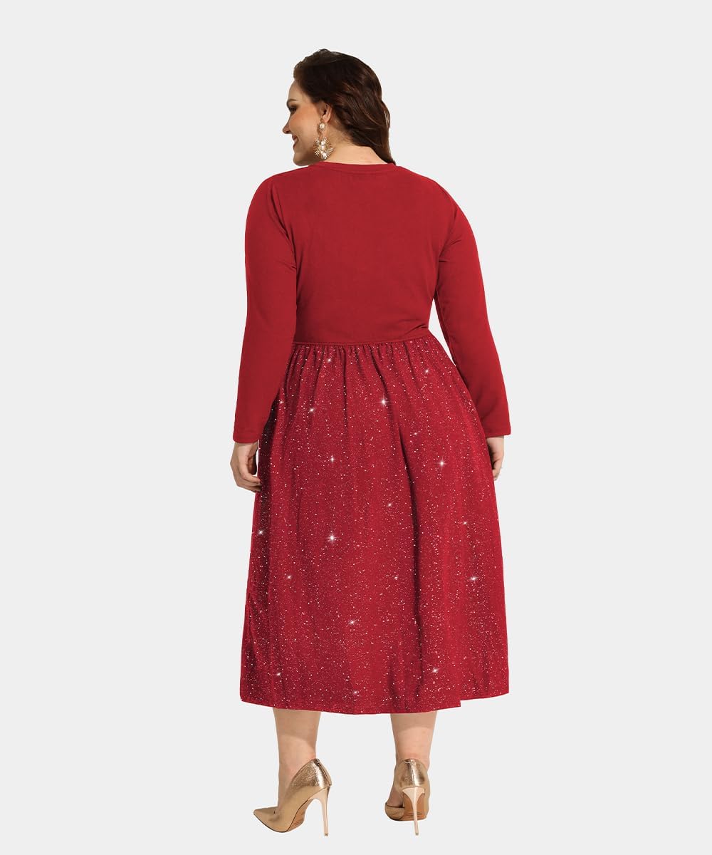 CARCOS Plus Size Dresses for Curvy Women V Neck Long Sleeve Patchwork Casual Wedding Cocktail Dress with Pocket XL-5XL - Image 4