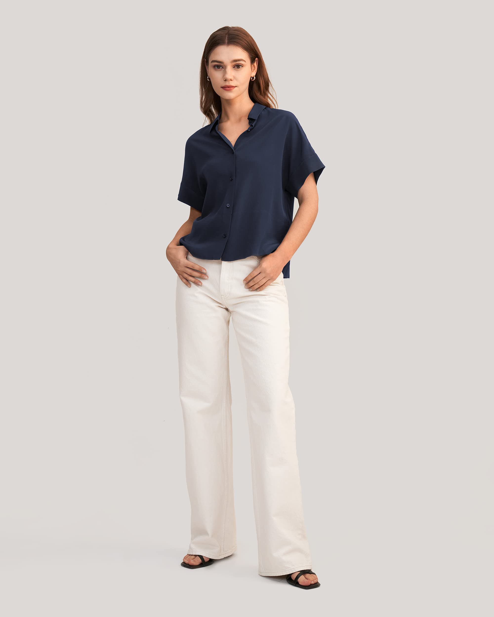 LilySilk Lässiges Lockeres Seiden T-Shirt mit kurzen Ärmeln Damen Seiden Blusen Tops Shirt Seidenhemd Kurzarm Hemdbluse Einfarbige Tops Frauen