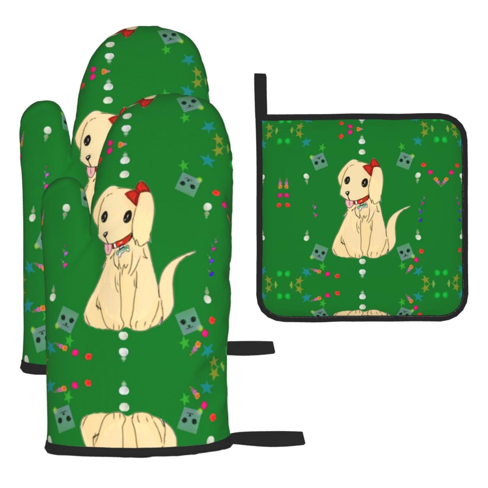 Cartoon dog on grass Oven mittens and oven mitts three-piece set suitable for oven, grilling, baking, microwave and home cooking.