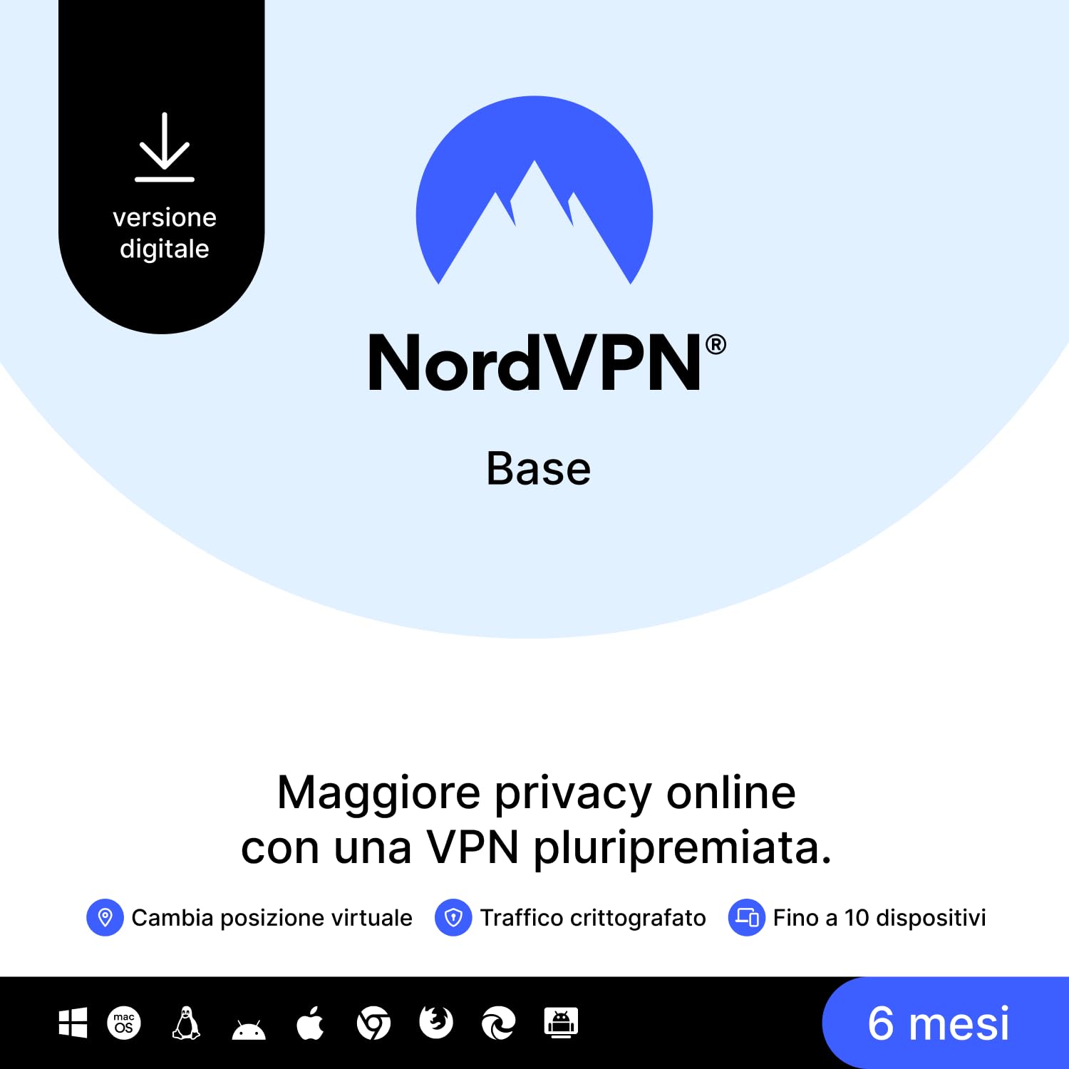 NordVPN Base, 10 Dispositivi, 6-Mesi, Software VPN Premium, Codice Digitale