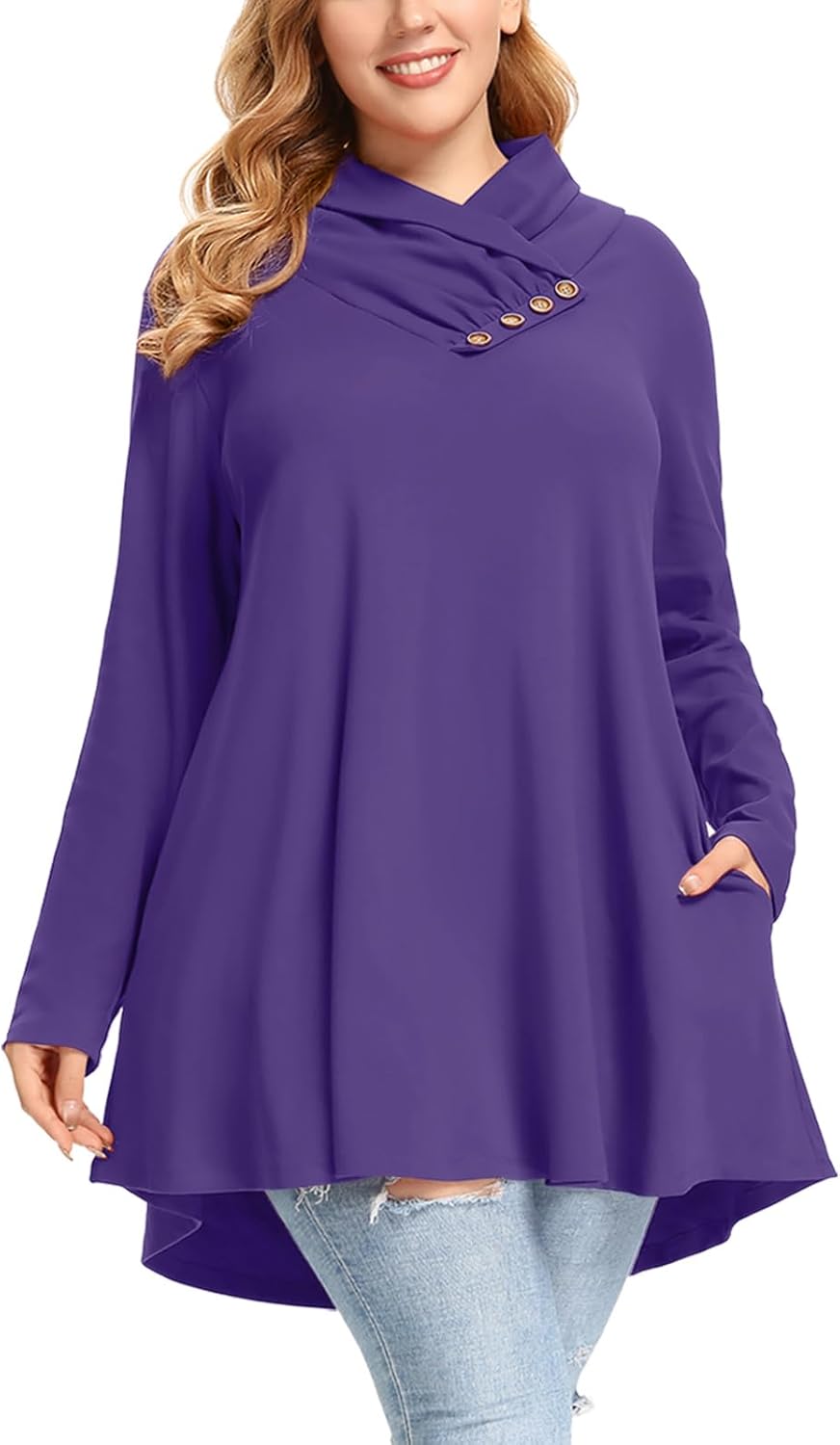 LARACE Cowl Neck Sweatshirts For Women Plus Size Tops With Pockets Long Sleeve Tunic Casual Pullover Button Down Shirt