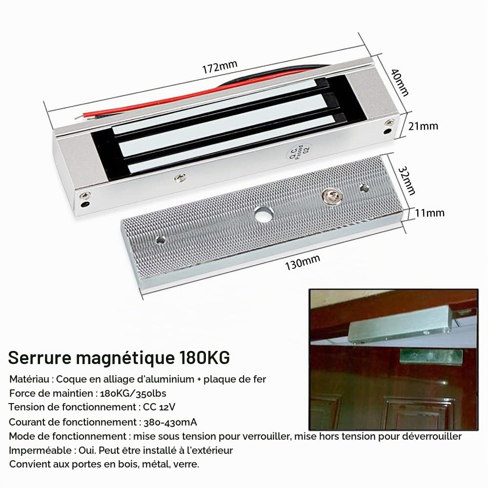 Kit Complet de Système de Contrôle d'accès sans Fil 433MHz Télécommande Ouvre Porte + 180KG/ 350lbs Serrure électromagnétique + 30 Mètres émetteur à Distance