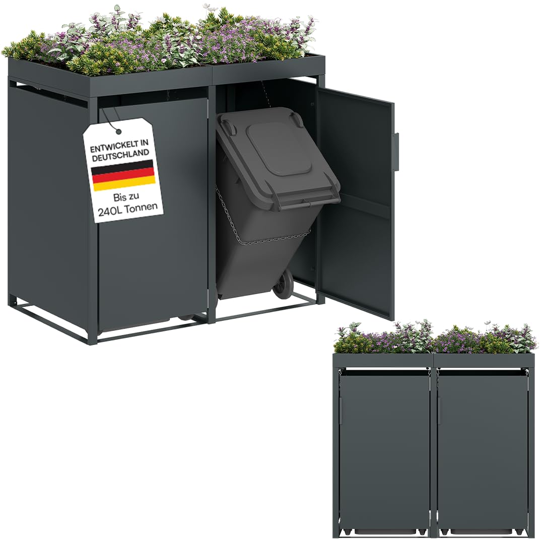 STEELSØN Thoria Mülltonnenbox 2er bis 240L mit Pflanzendach – Mülltonnenverkleidung aus Stahl für 2 Tonnen – Müllcontainer in Anthrazit – Müllbox mit Pflanzenkasten – Gerätebox 125x80x134 cm (HxTxB)