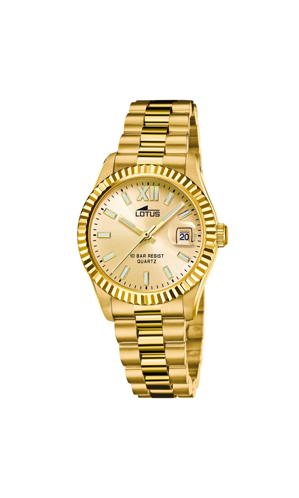 LOTUS Reloj Mujer Analógico de Acero Inoxidable 316l Dorado | Movimiento de Cuarzo, Cristal Mineral de Alta Resistencia, Resistente al Agua 10 ATM, Calendario 18932/2, Freedom Collection