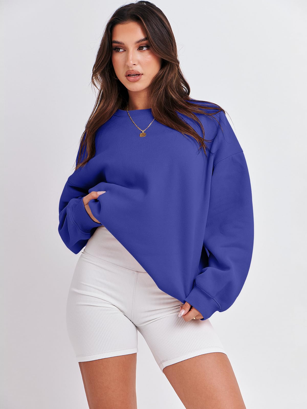 Damskie bluzy oversize bluzy z kapturem polar okrągły dekolt sweter top codzienne jesienne stroje preppy ubrania nastolatki 2024 A1019 światło, Jeden kolor, Royal Blue_L