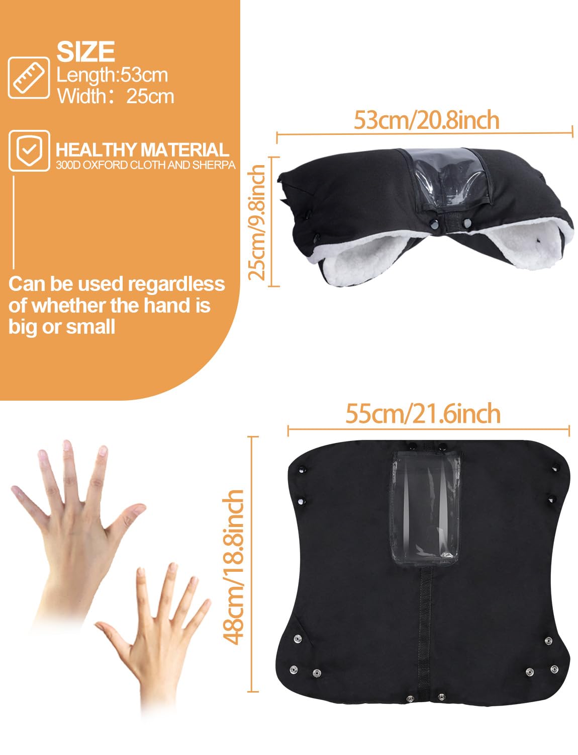 Manoplas Carro Bebe, Impermeable y Cortaviento Guantes Carro Bebe Invierno con Bolsillo para Celular, Guantes para Cochecito Bebe Forro de Felpa Para Todos los Cochecitos - Negro
