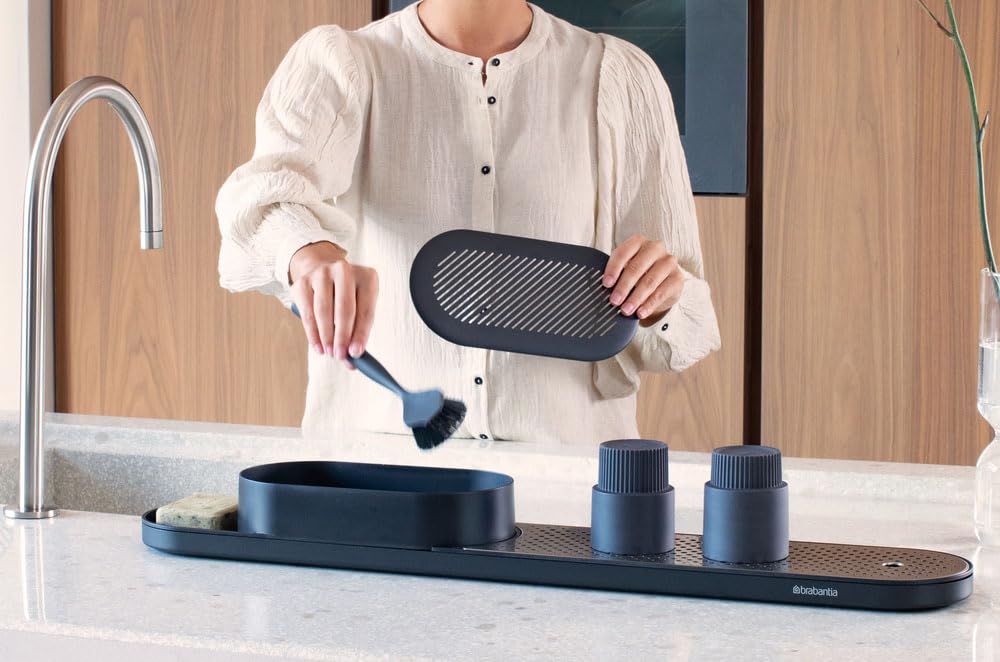 Brabantia SinkStyle Organizer Lavello Cucina e Vassoio di Asciugatura con Vassoio di Sgocciolamento e Piastra Rimovibile in Acciaio Inox, Soluzione Elegante per la Cucina, Mineral Infinite Grey