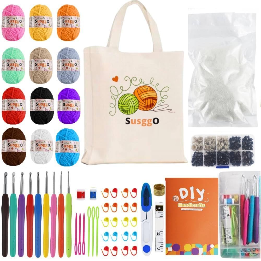 SusggO 155 Piezas Kit Crochet Principiantes Completo Crochet Set con Ojos Amigurumi, Relleno, 12 Ovillos Algodon de Leche, Agujas Crochet, Accesorios, Manual Bolso Kit Ganchillo Completo Crochet Kit