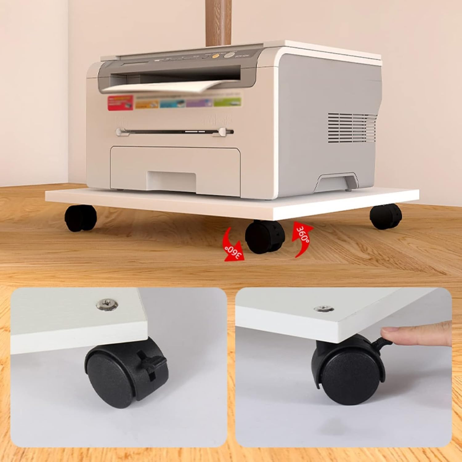 Soporte para impresora móvil con ruedas, mesa compacta de madera para impresora en casa, oficina, carrito que ahorra espacio, estante rodante blanco para impresora y fax, 59 x 44 x 6,6 cm