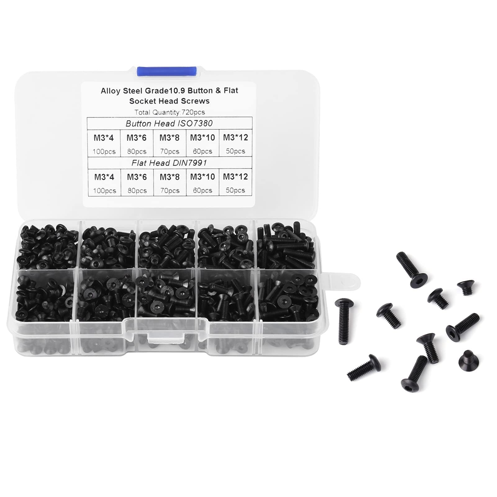 720 viti a testa esagonale, set di viti M3, 4 mm 6 mm 8 mm 10 mm 12 mm manopola in acciaio legato nero e testa piatta