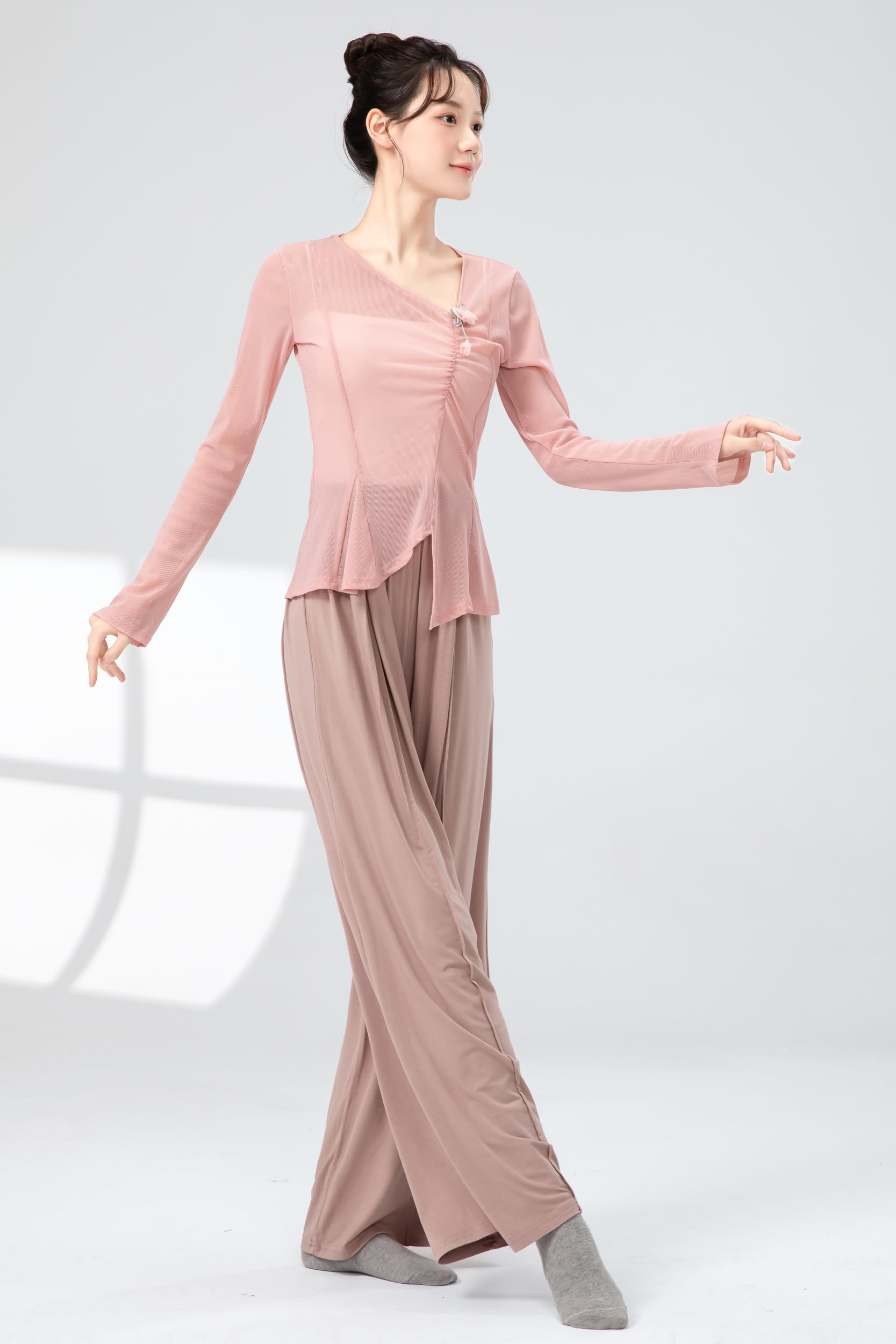 Angcoco Women's Chinoiserie Slant V-Neck Long Sleeve Mesh Blouse Pink