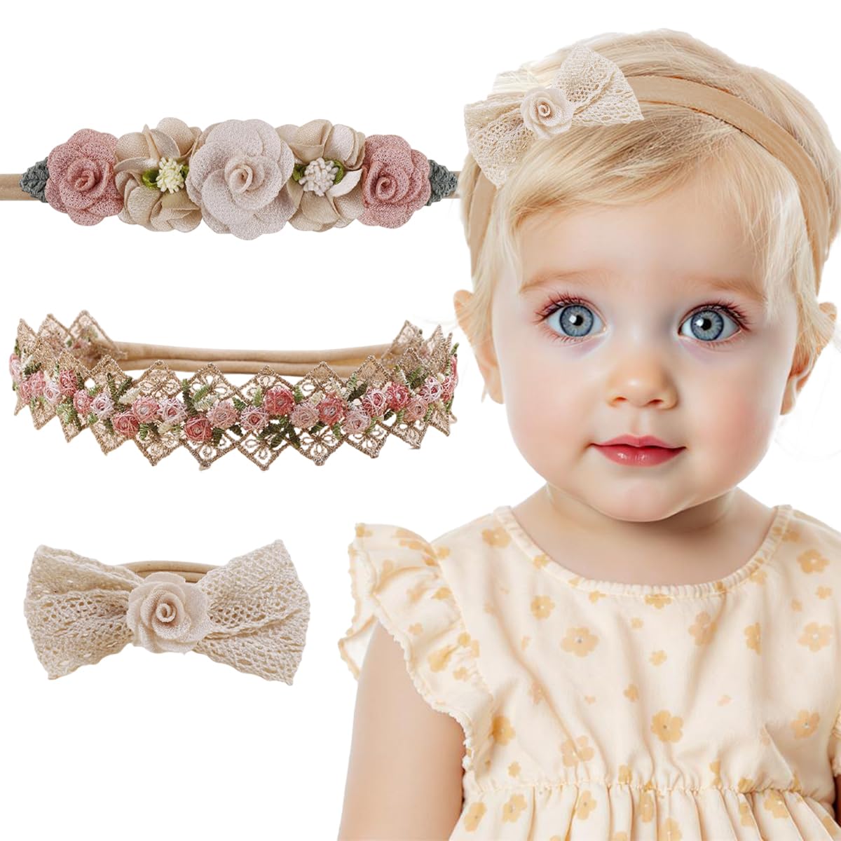 snowie soft SNOWIE SOFT® 3Pcs Hair Bands for Baby Girls 0-24 Months,3-Design Nylon Turban Knotted Bow Baby Girl Hair Bands Flower Crowns,Soft High Elastic Headbands for Girl - Accessories-picture-35