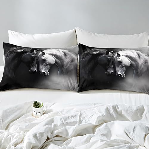 Miniatura 4 de Erosebridal Juego de cama de caballo para niñas, niños y parejas, sábana bajera ajustable de caballos negros y blancos, tamaño Queen, diseño de