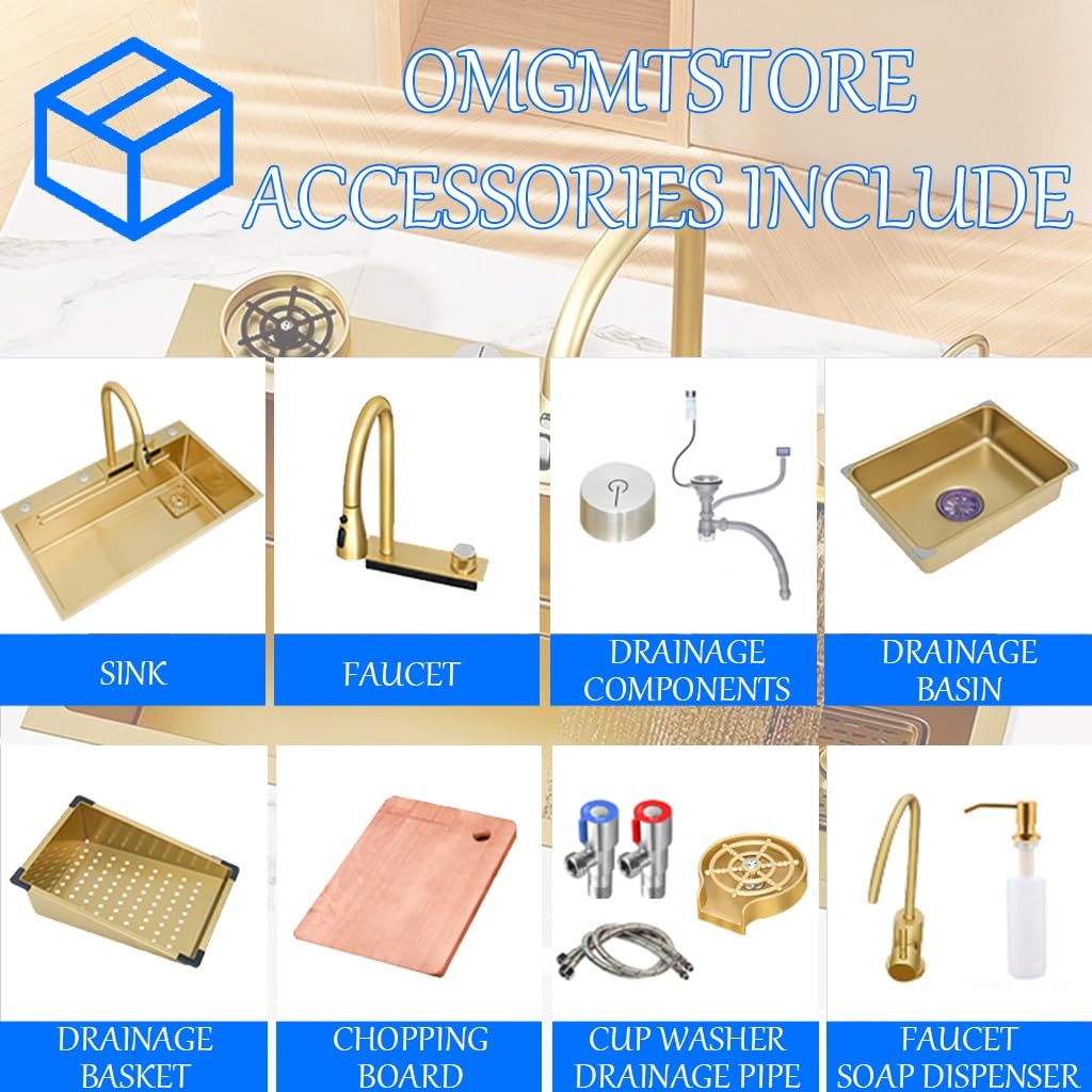 Golden Waterfall armatura wysuwana trzy w jednym, zlewozmywak ze stali nierdzewnej z akcesoriami – wielofunkcyjna stacja robocza z pojedynczym zbiornikiem, kompletny zestaw akcesoriów (kolor