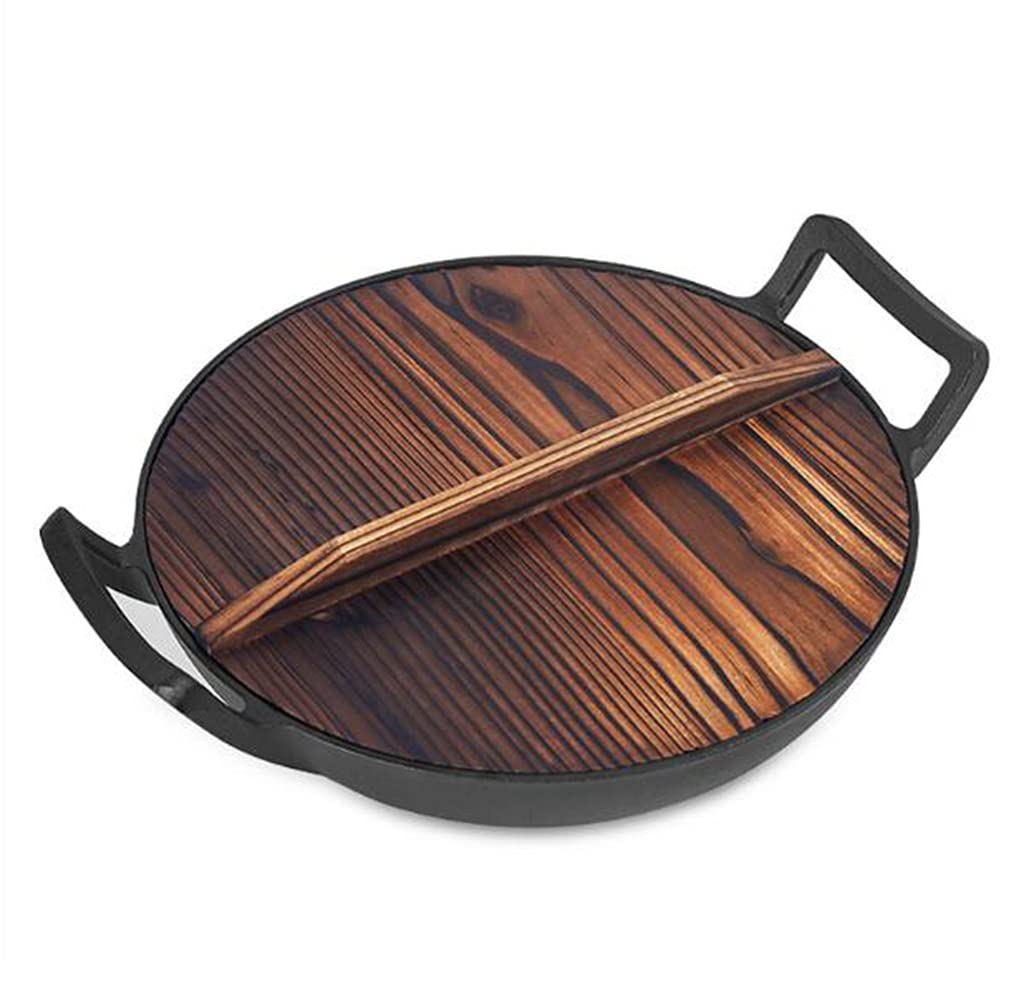 Wok en fonte 36cm couvercle fond plat épaissi double oreille cuisson saine
