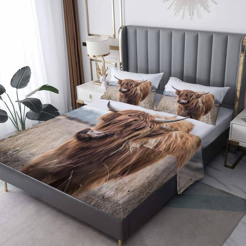 Highland Cow - Juego de sábanas tamaño Queen, sábanas de microfibra suave y bolsillo profundo, sábanas y fundas de almohada estampadas sin arrugas,